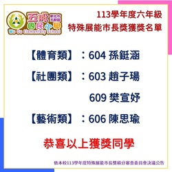 本校113學年度六年級特殊展能市長獎獲獎名單。圖片